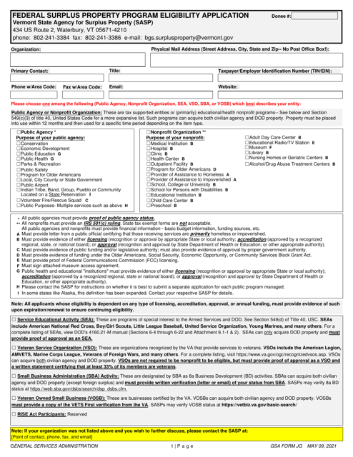 GSA Form JG Federal Surplus Property Program Eligibility Application - Vermont