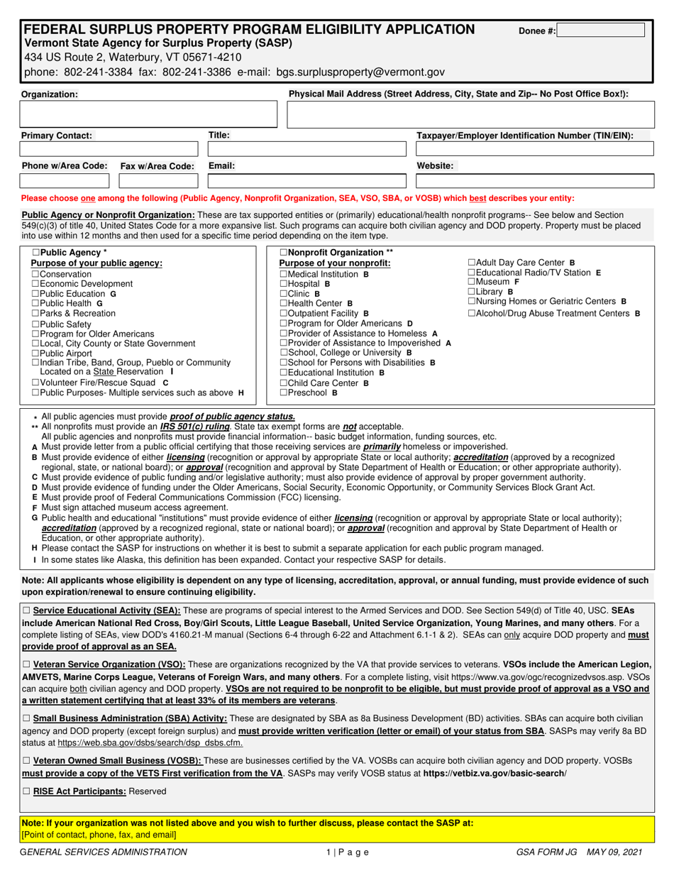 GSA Form JG Federal Surplus Property Program Eligibility Application - Vermont, Page 1