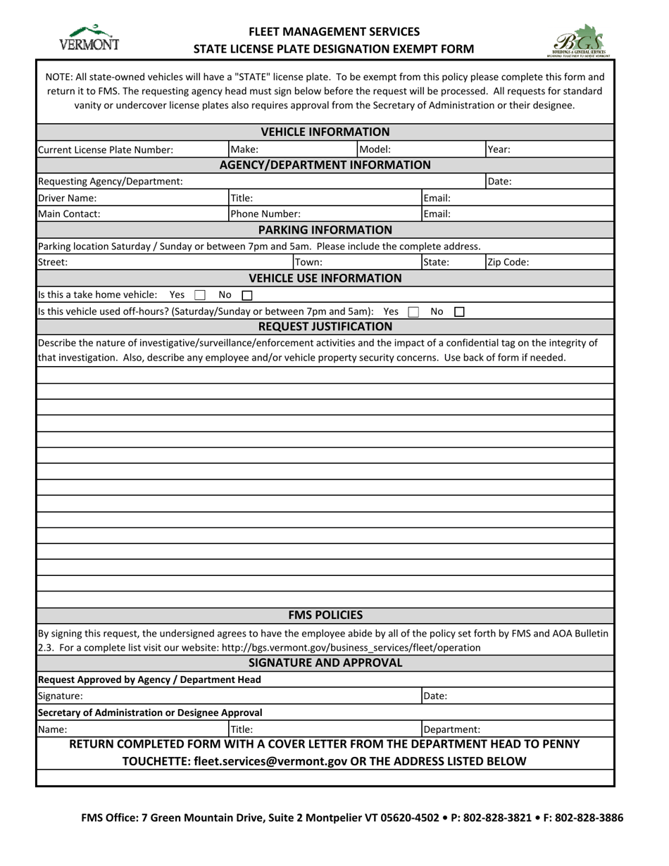 State License Plate Designation Exempt Form - Vermont, Page 1