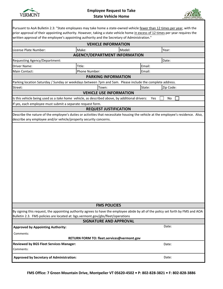 Vermont Employee Request to Take State Vehicle Home Download Fillable ...