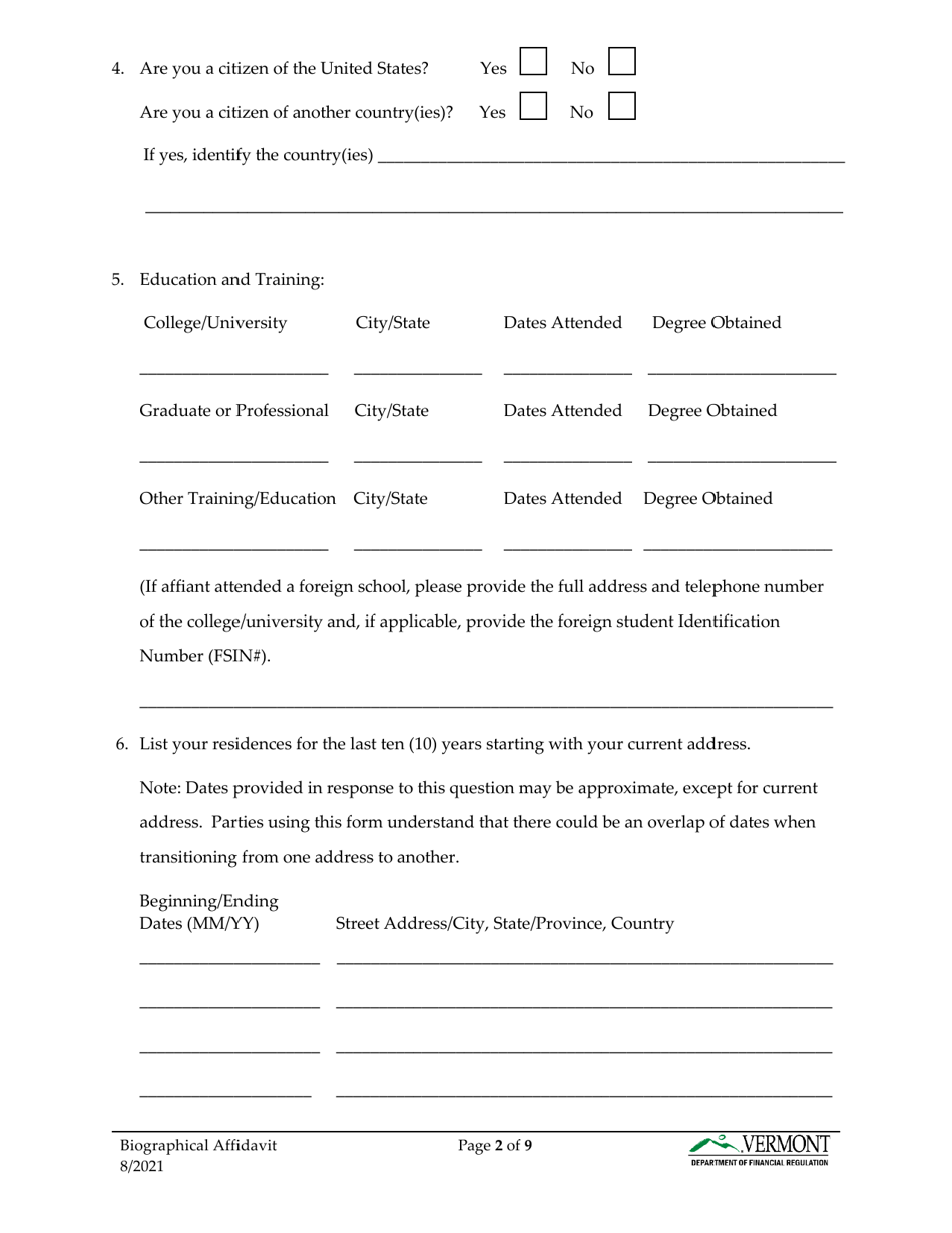 Biographical Affidavit - Vermont, Page 3