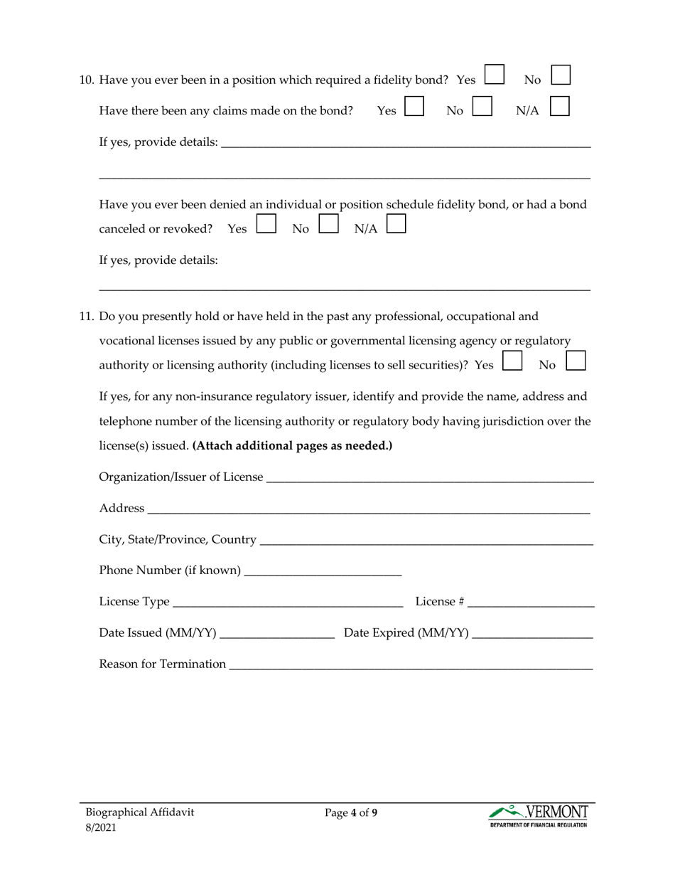 Biographical Affidavit - Vermont, Page 5