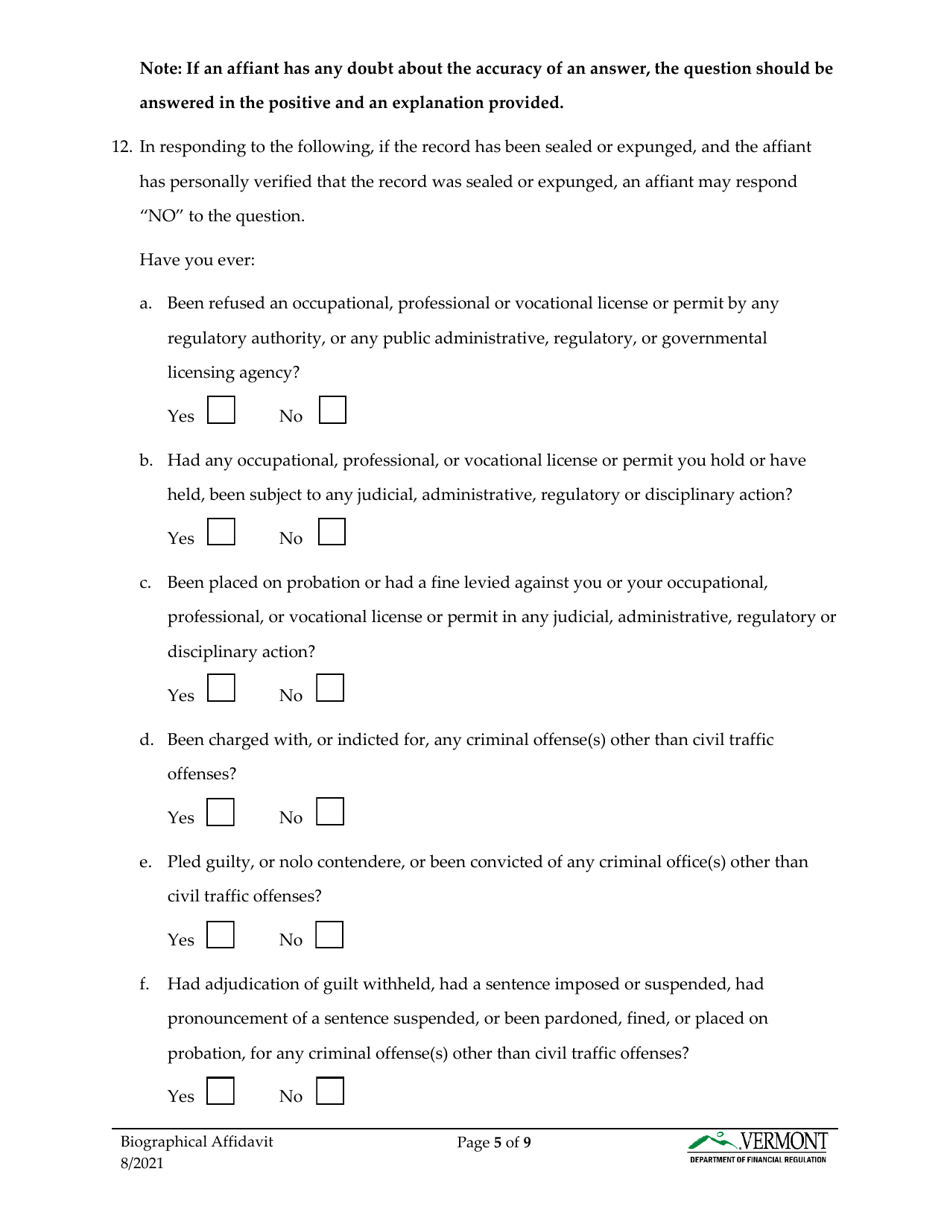 Biographical Affidavit - Vermont, Page 6