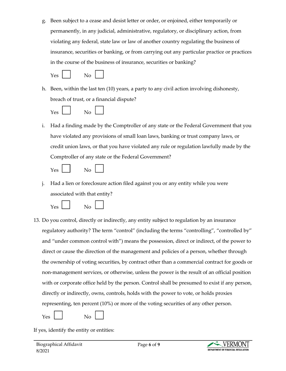 Biographical Affidavit - Vermont, Page 7