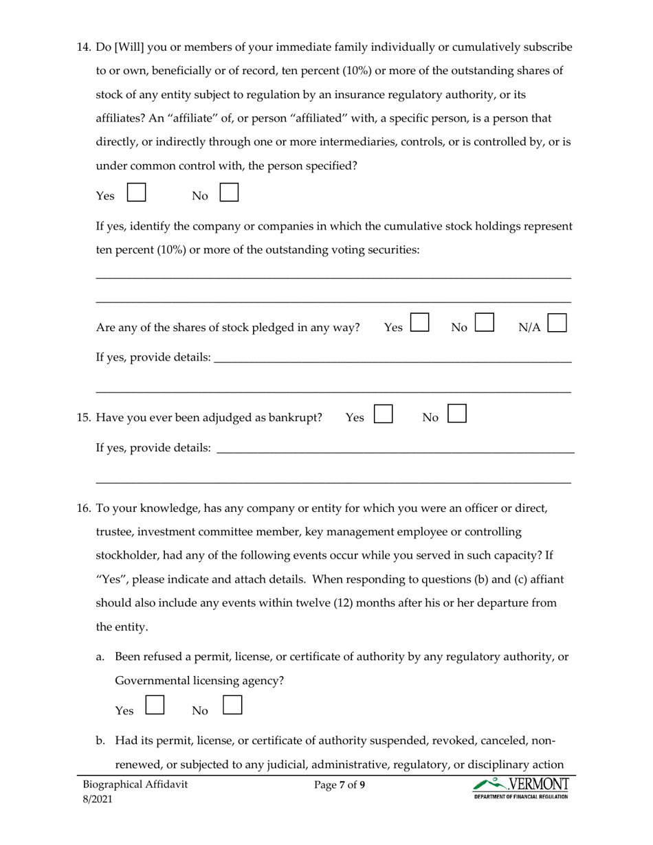 Biographical Affidavit - Vermont, Page 8