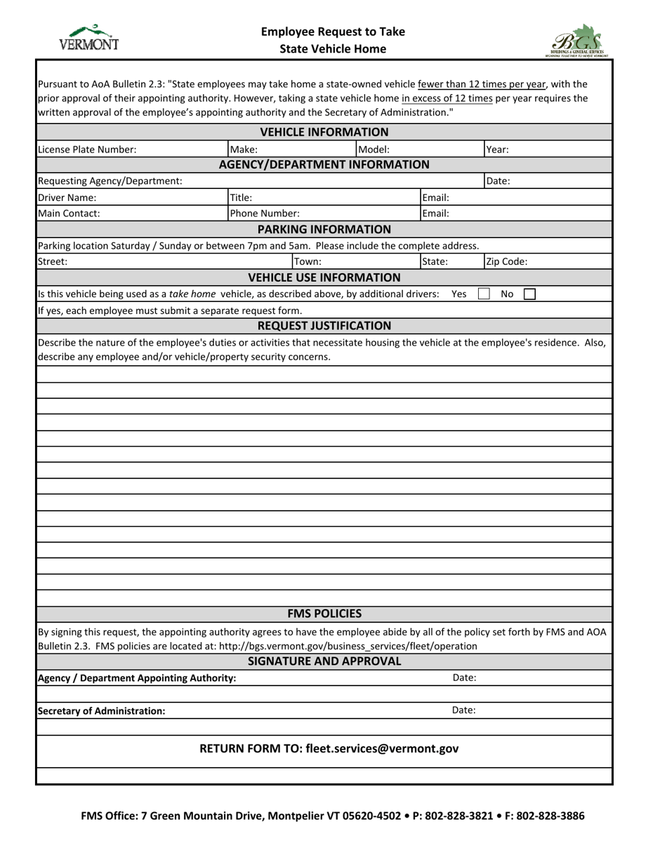 Vermont Employee Request to Take State Vehicle Home - Fill Out, Sign ...