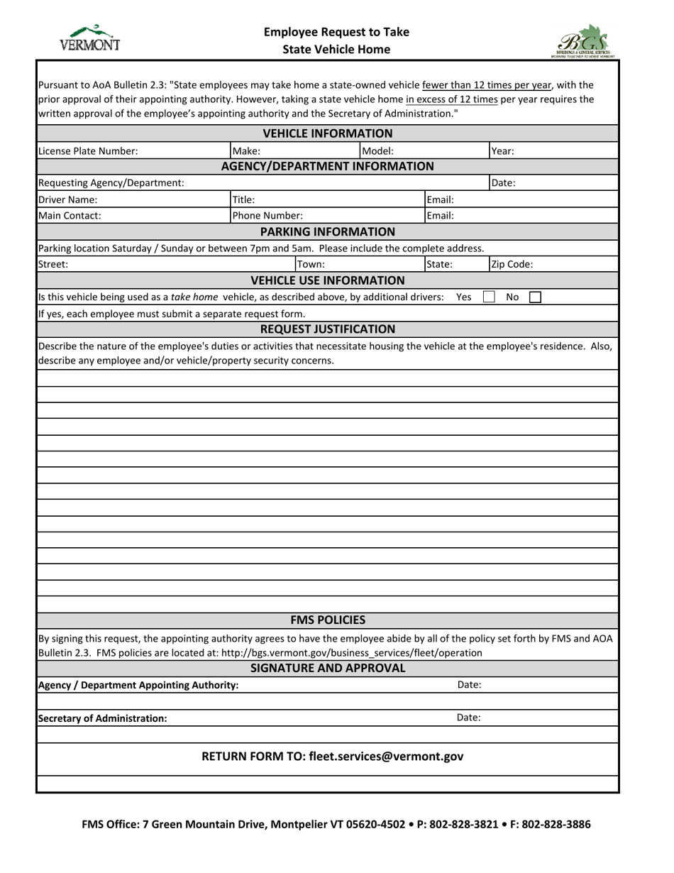 Employee Request to Take State Vehicle Home - Vermont, Page 1
