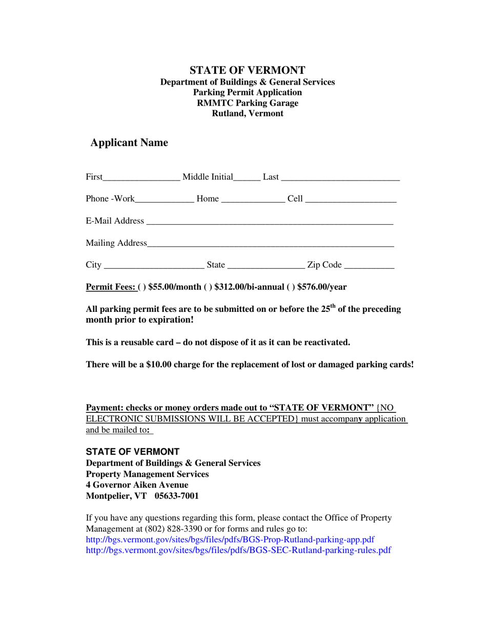 Vermont Rutland Parking Garage Parking Permit Application - Fill Out ...
