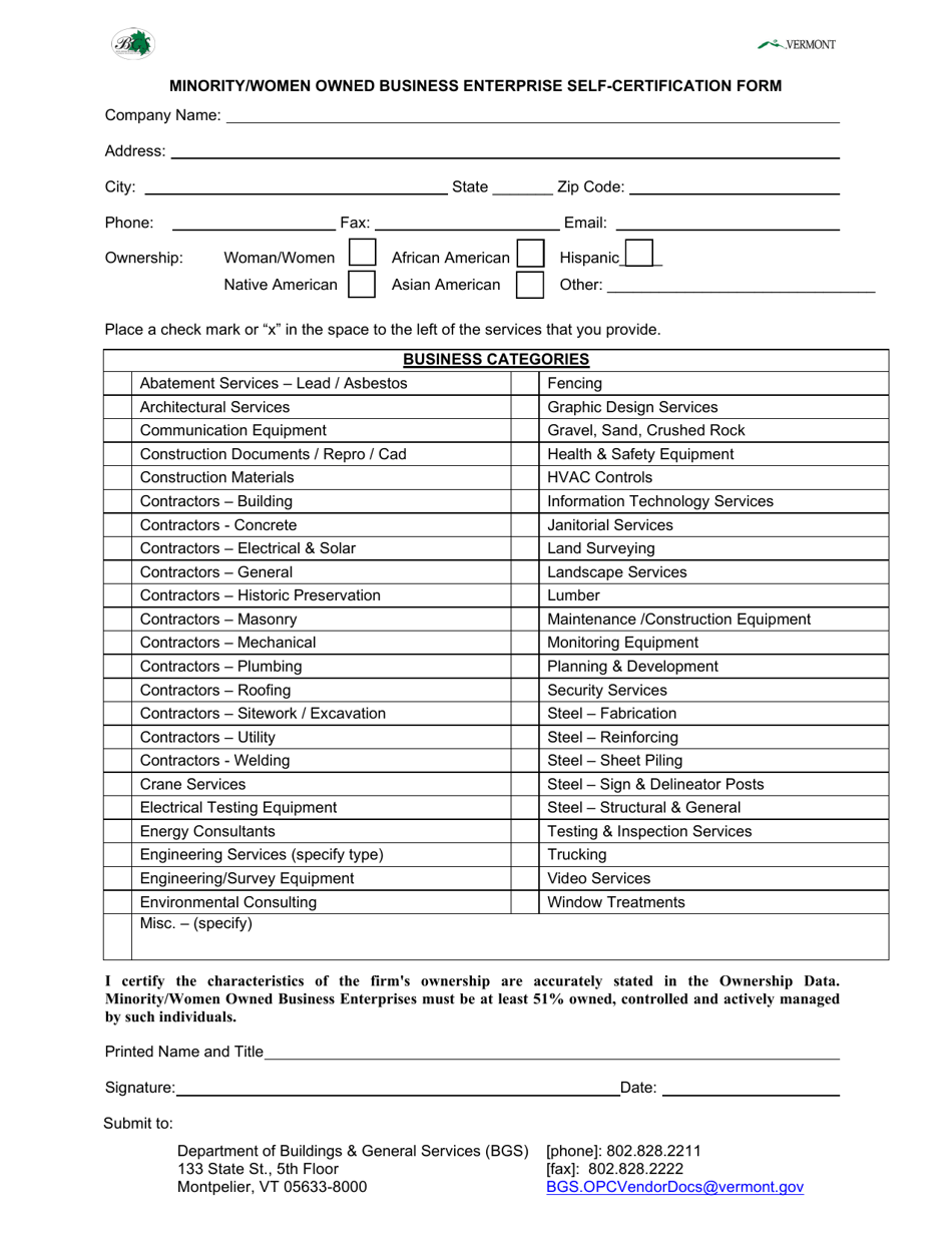 Minority / Women Owned Business Enterprise Self-certification Form - Vermont, Page 1