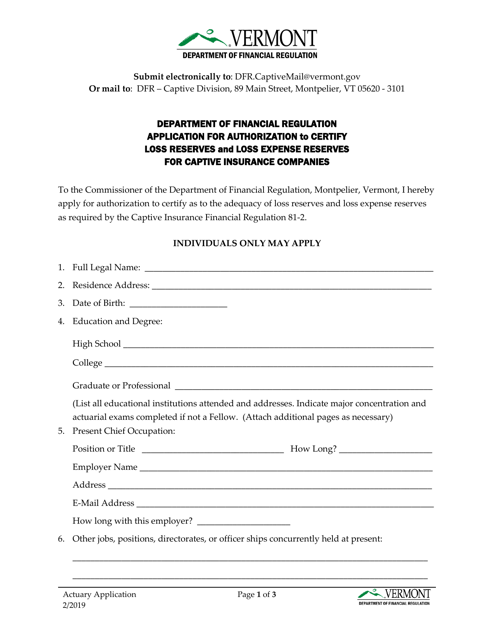 Application for Authorization to Certify Loss Reserves and Loss Expense Reserves for Captive Insurance Companies - Vermont Download Pdf