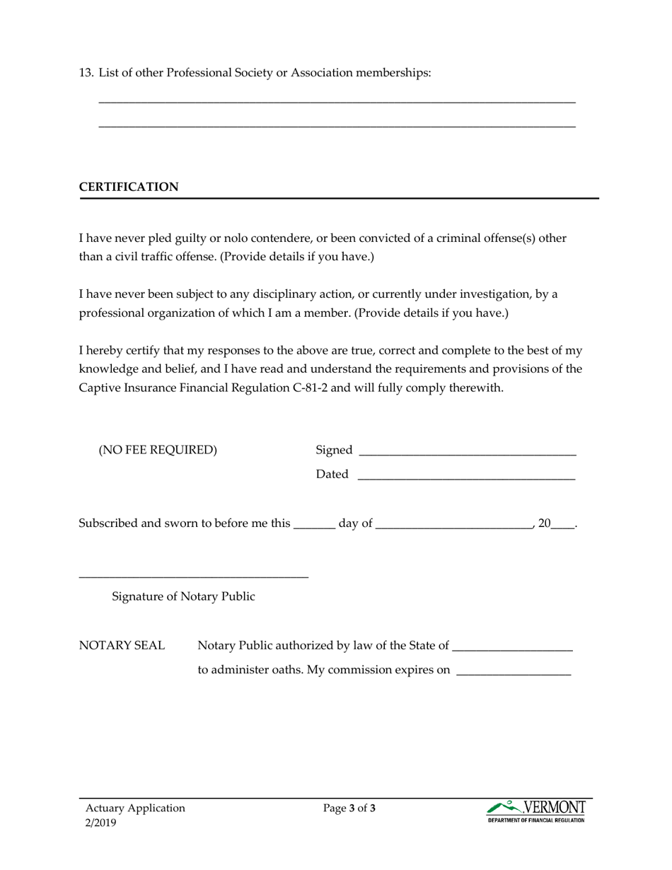 Application for Authorization to Certify Loss Reserves and Loss Expense Reserves for Captive Insurance Companies - Vermont, Page 3