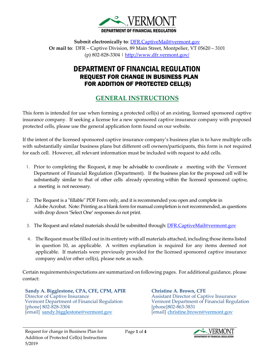 Request for Change in Business Plan for Addition of Protected Cell(S) - Vermont, Page 1