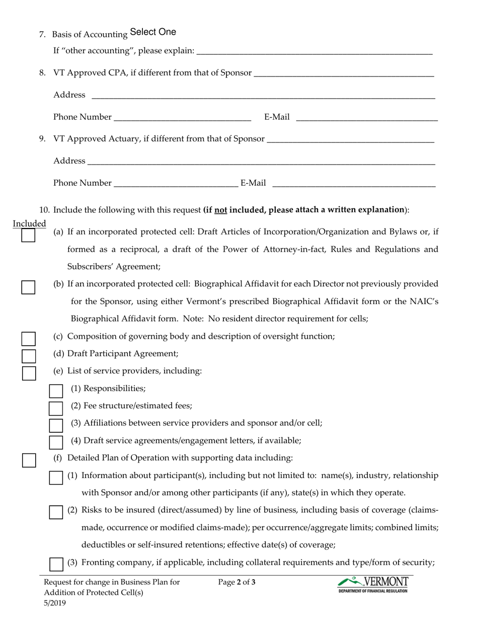Request for Change in Business Plan for Addition of Protected Cell(S) - Vermont, Page 6