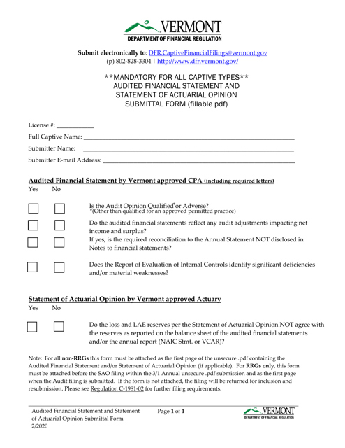Audited Financial Statement and Statement of Actuarial Opinion Submittal Form - Vermont Download Pdf
