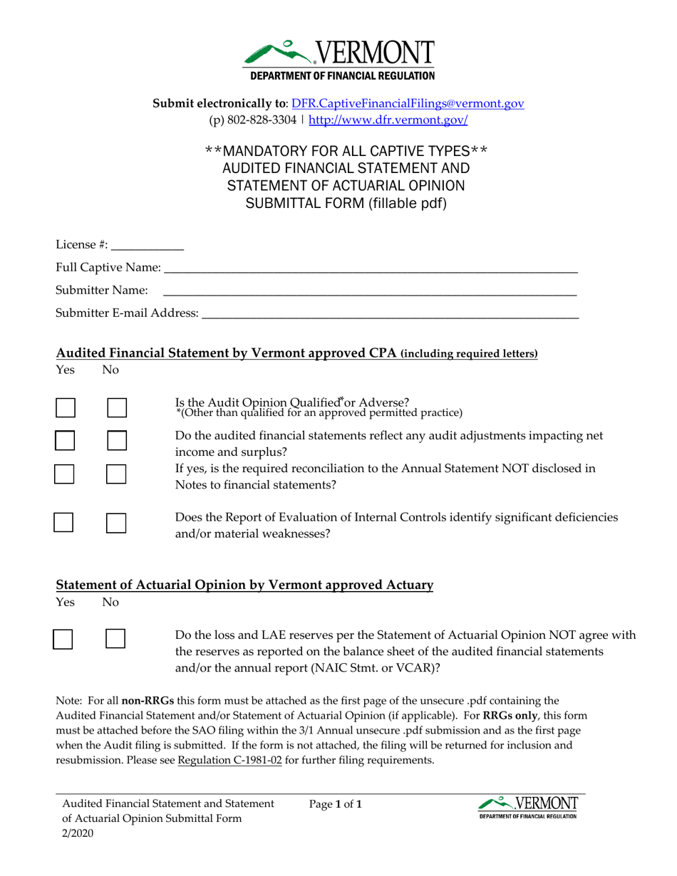 Audited Financial Statement and Statement of Actuarial Opinion Submittal Form - Vermont, Page 1