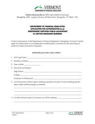 Document preview: Application for Authorization as an Independent Certified Public Accountant for Captive Insurance Business - Vermont