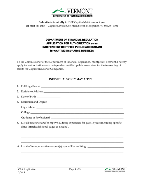 Application for Authorization as an Independent Certified Public Accountant for Captive Insurance Business - Vermont Download Pdf