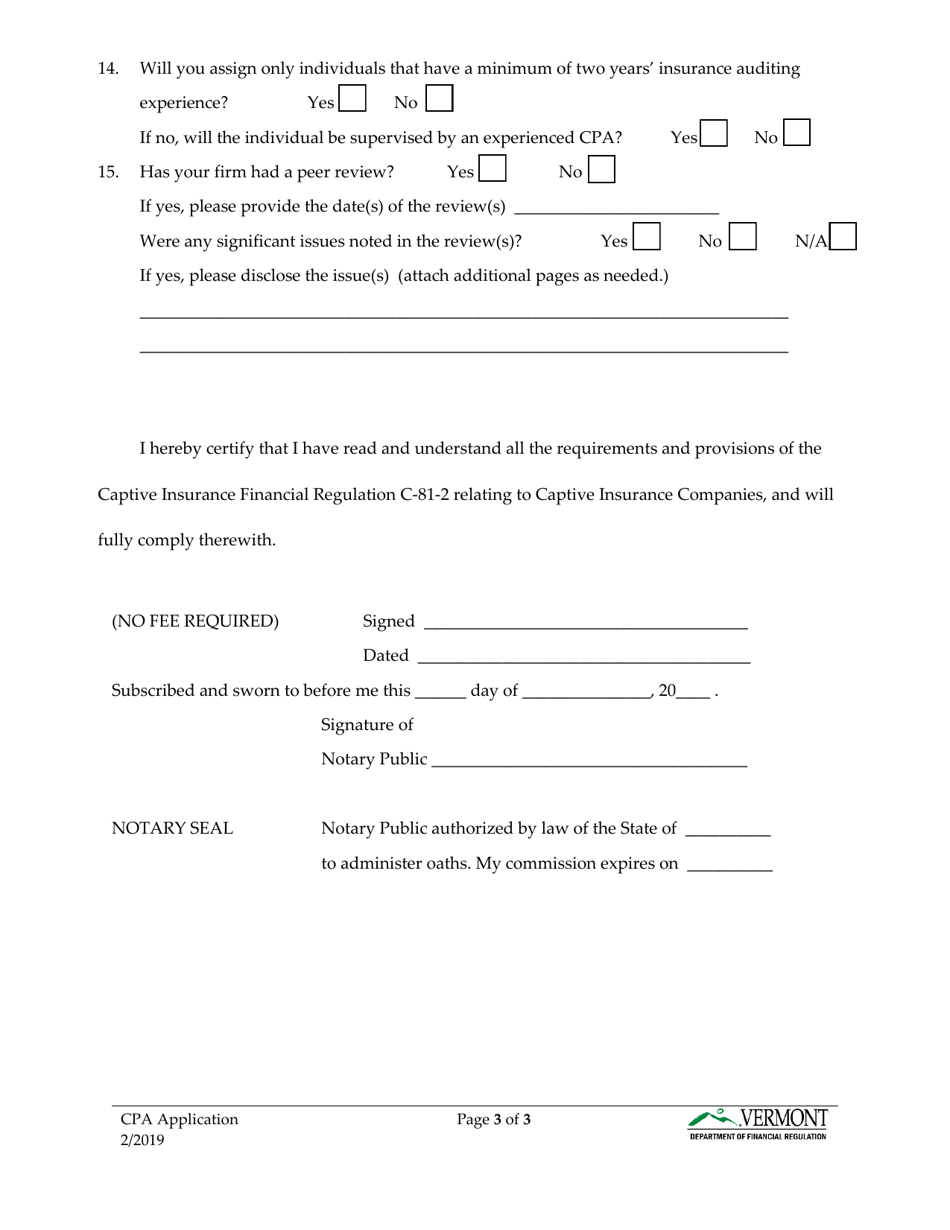 Application for Authorization as an Independent Certified Public Accountant for Captive Insurance Business - Vermont, Page 3
