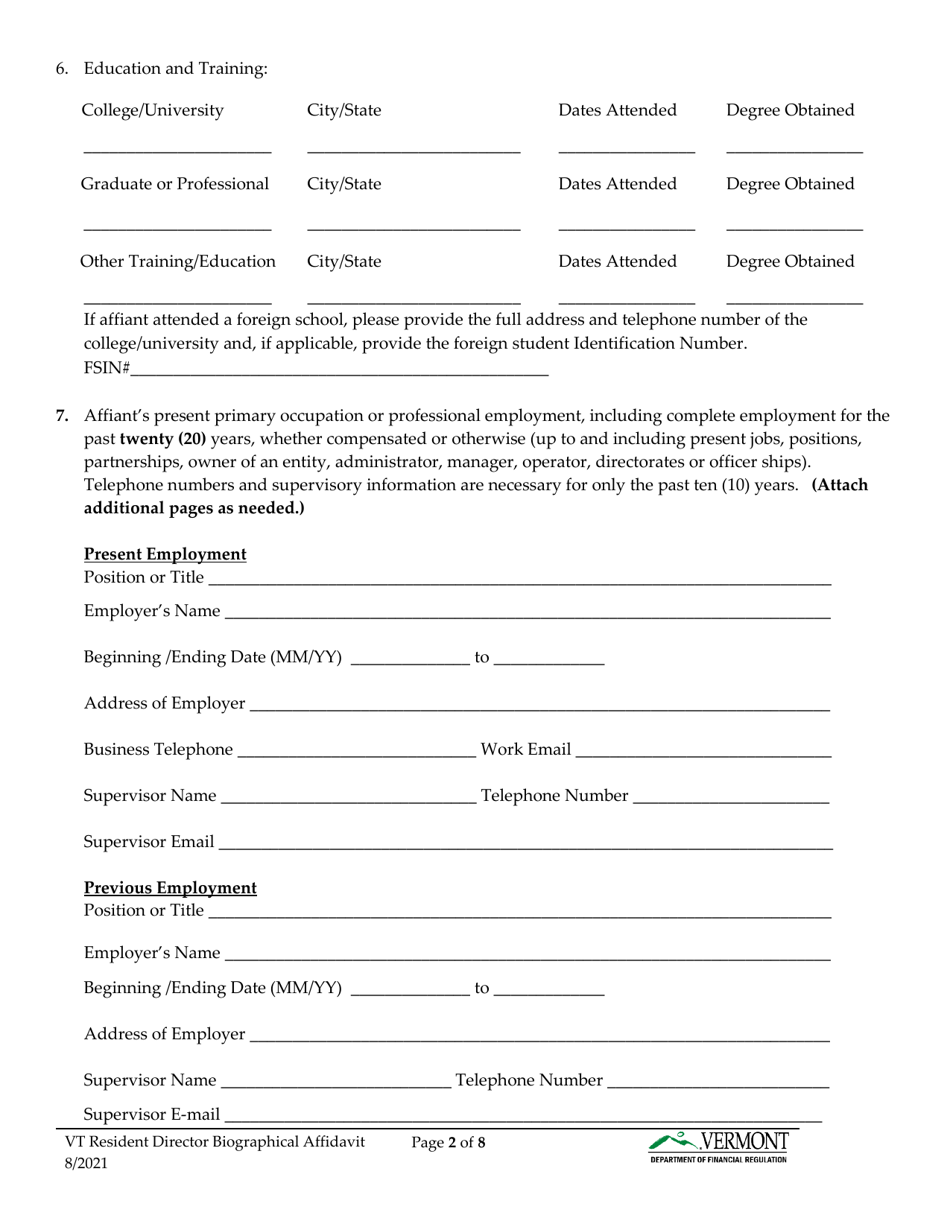 Vermont Resident Director Biographical Affidavit - Vermont, Page 3