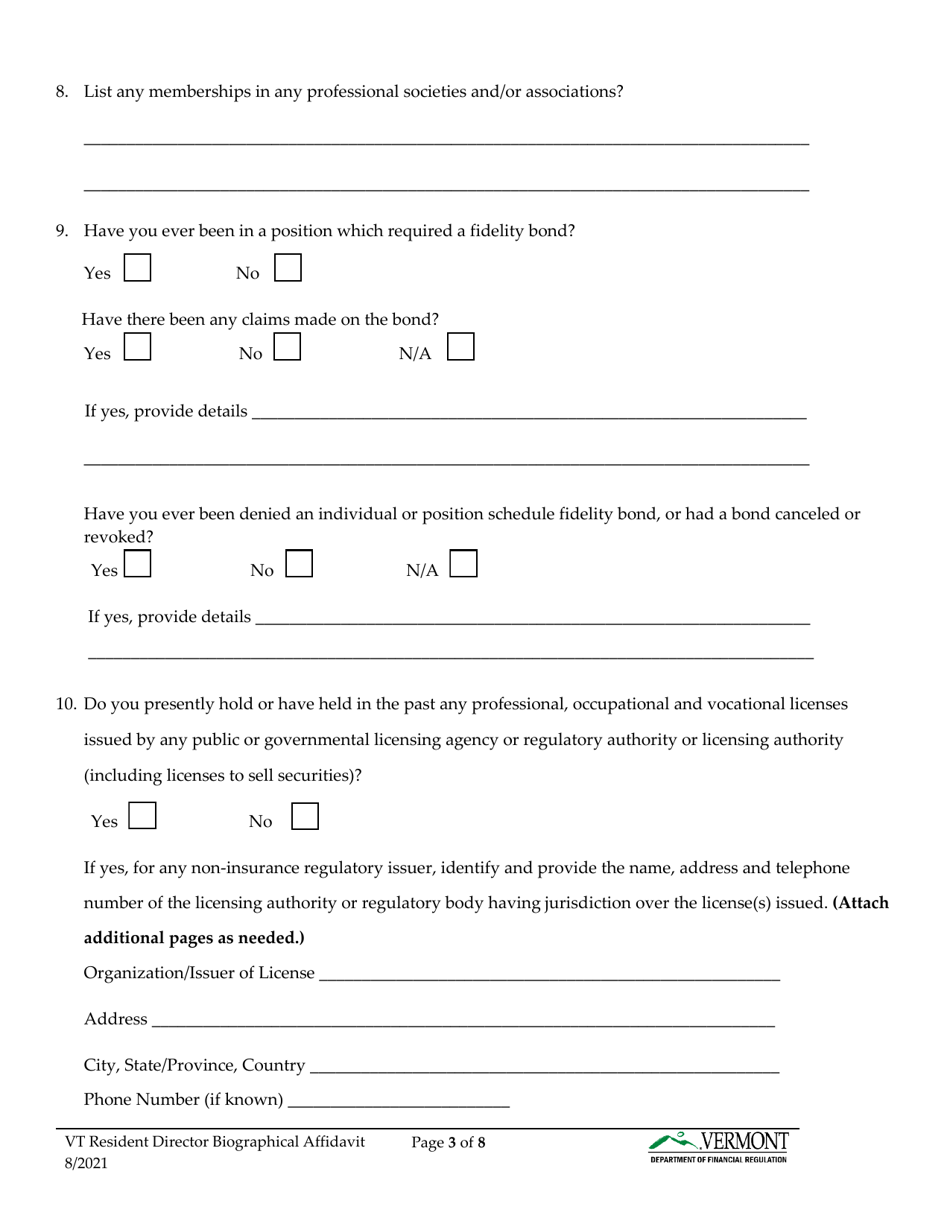 Vermont Resident Director Biographical Affidavit - Vermont, Page 4