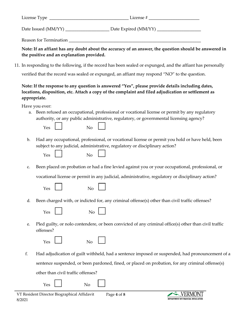 Vermont Resident Director Biographical Affidavit - Vermont, Page 5