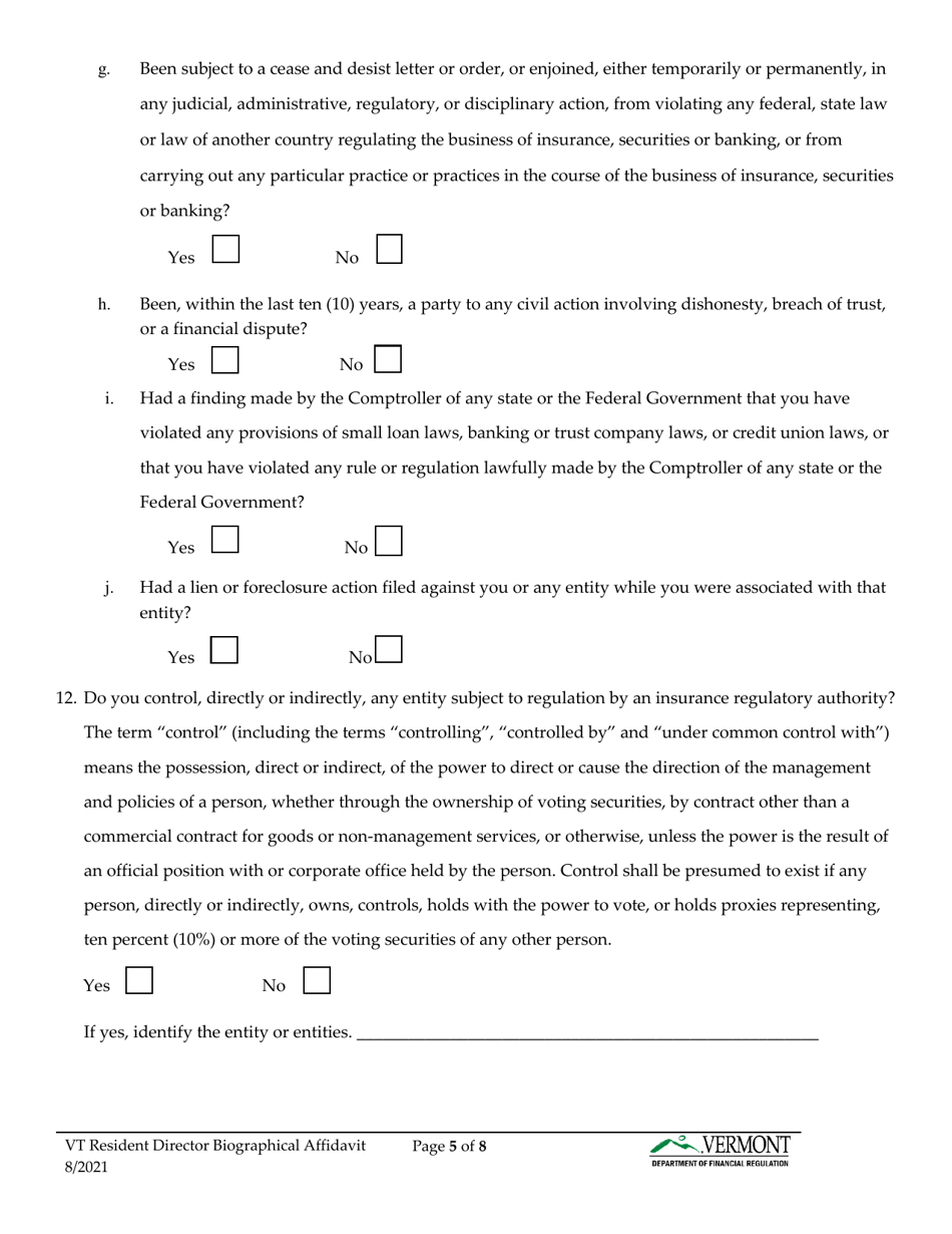 Vermont Resident Director Biographical Affidavit - Vermont, Page 6