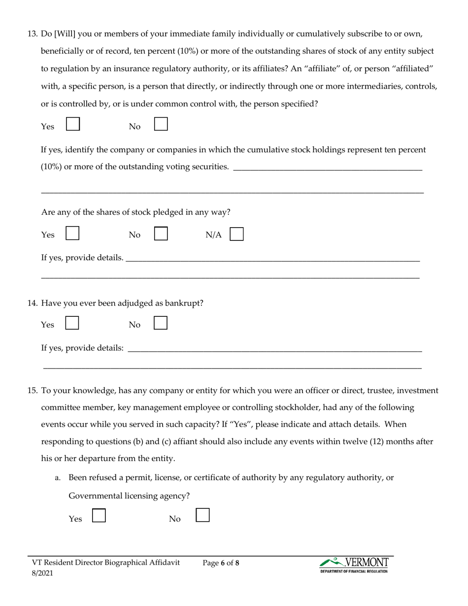 Vermont Resident Director Biographical Affidavit - Vermont, Page 7