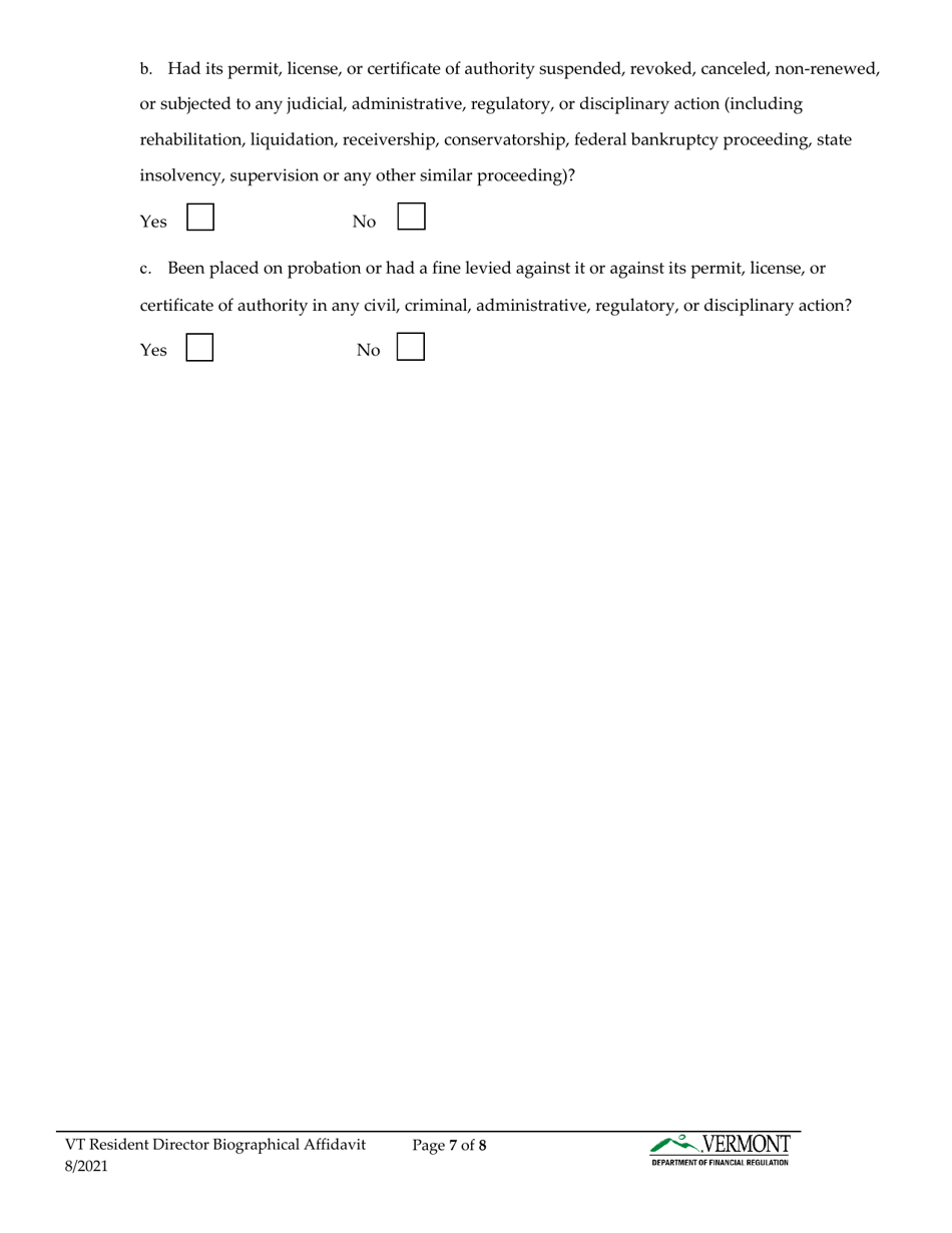 Vermont Resident Director Biographical Affidavit - Vermont, Page 8