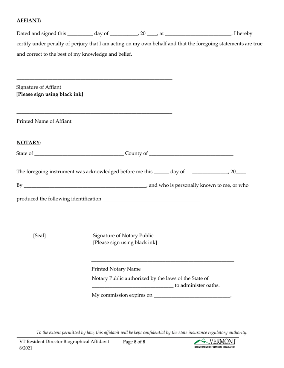 Vermont Resident Director Biographical Affidavit - Vermont, Page 9