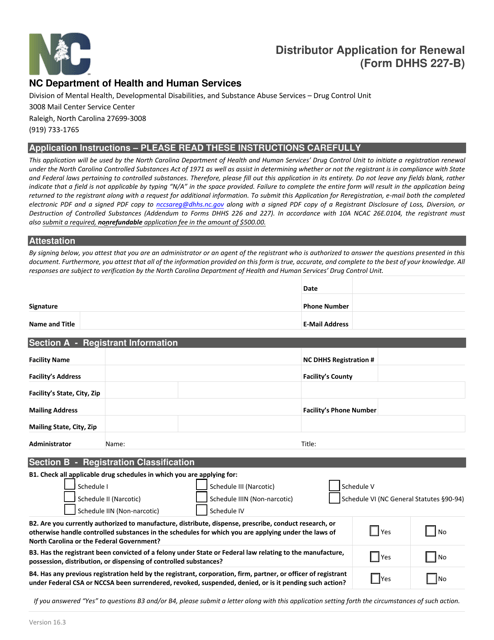Form DHHS227-B Distributor Application for Renewal - North Carolina
