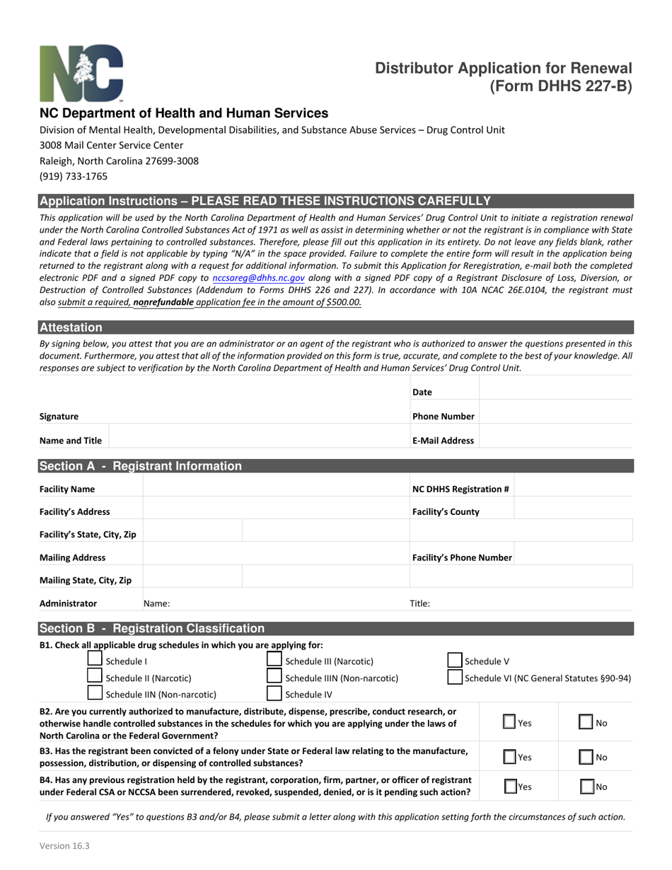Form DHHS227-B Distributor Application for Renewal - North Carolina, Page 1