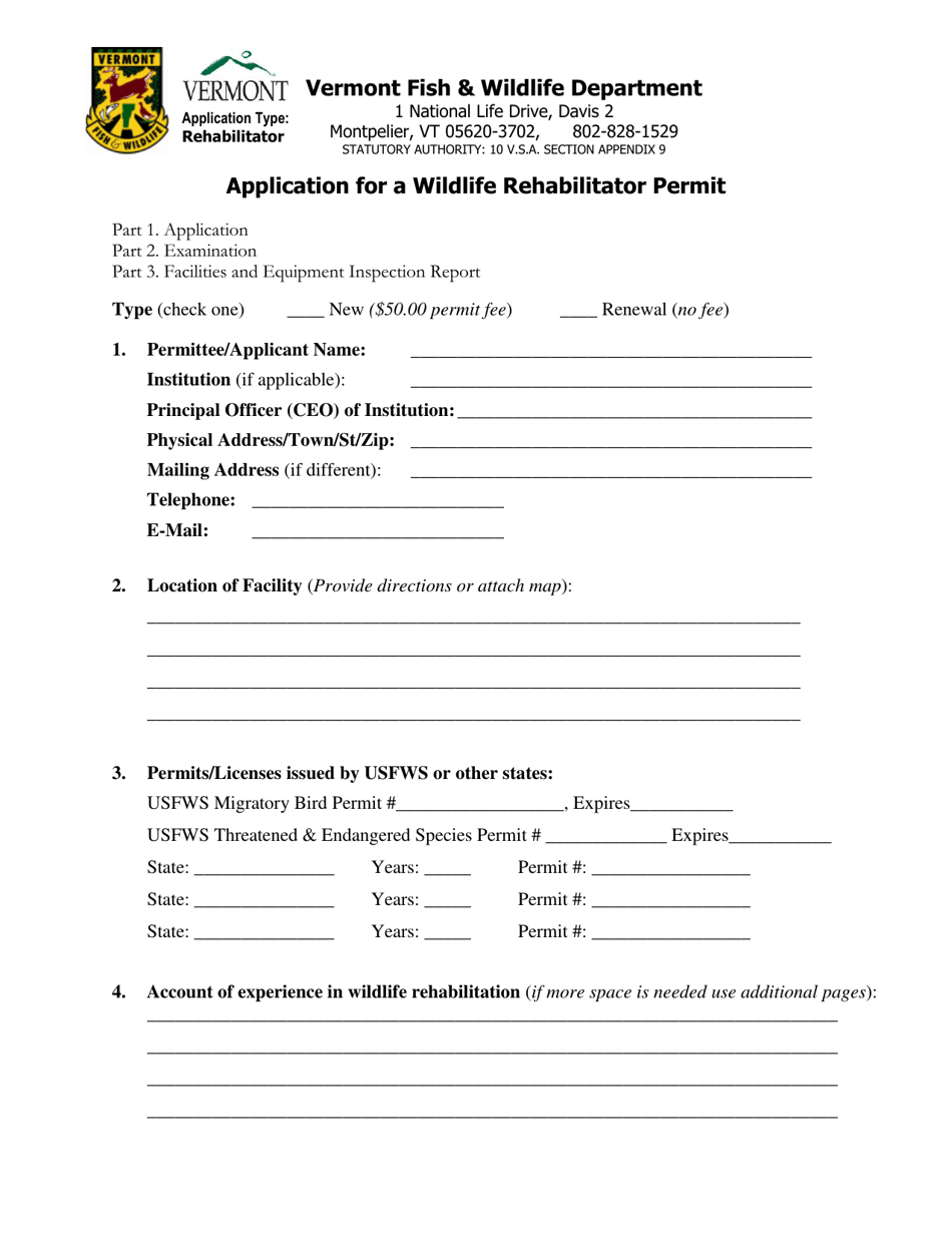 Application for a Wildlife Rehabilitator Permit - Vermont, Page 1
