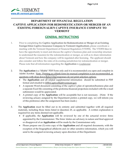 Captive Application for Redomestication or Merger of an Existing Foreign / Alien Captive Insurance Company to Vermont - Vermont Download Pdf