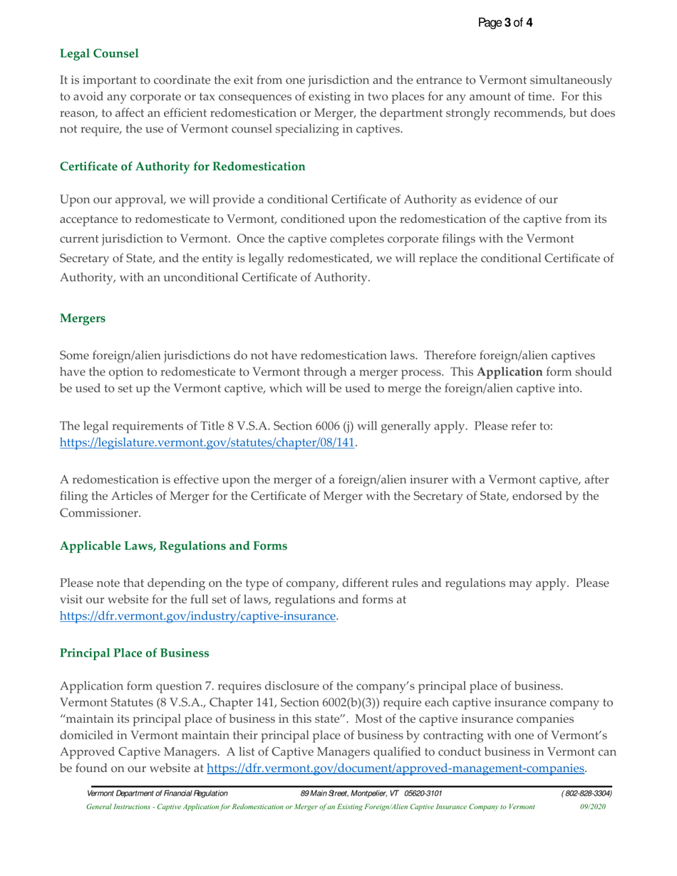 Captive Application for Redomestication or Merger of an Existing Foreign / Alien Captive Insurance Company to Vermont - Vermont, Page 3