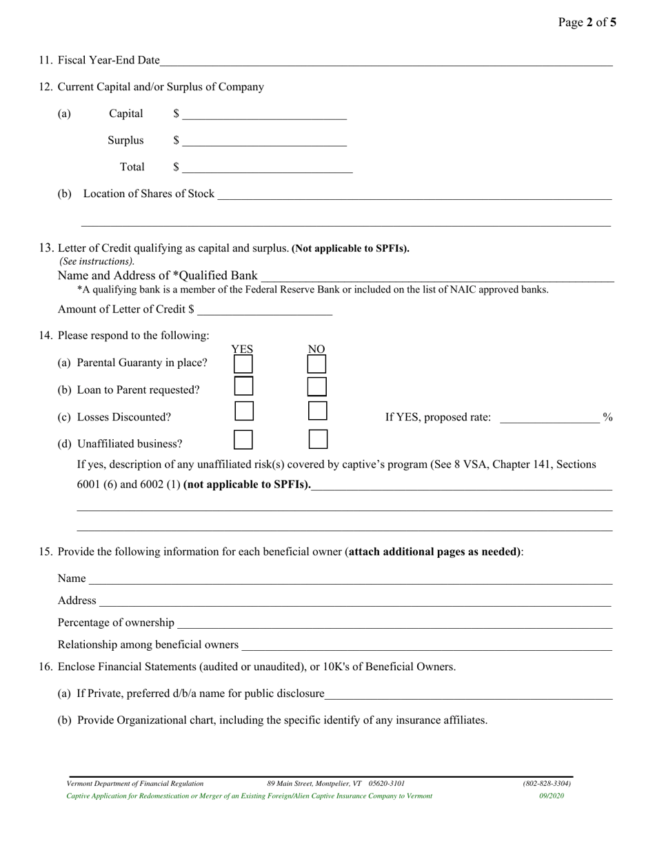 Captive Application for Redomestication or Merger of an Existing Foreign / Alien Captive Insurance Company to Vermont - Vermont, Page 6
