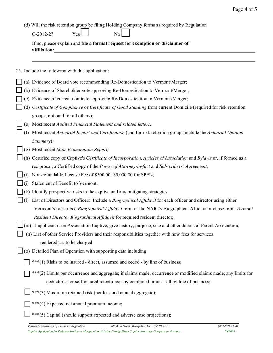Captive Application for Redomestication or Merger of an Existing Foreign / Alien Captive Insurance Company to Vermont - Vermont, Page 8