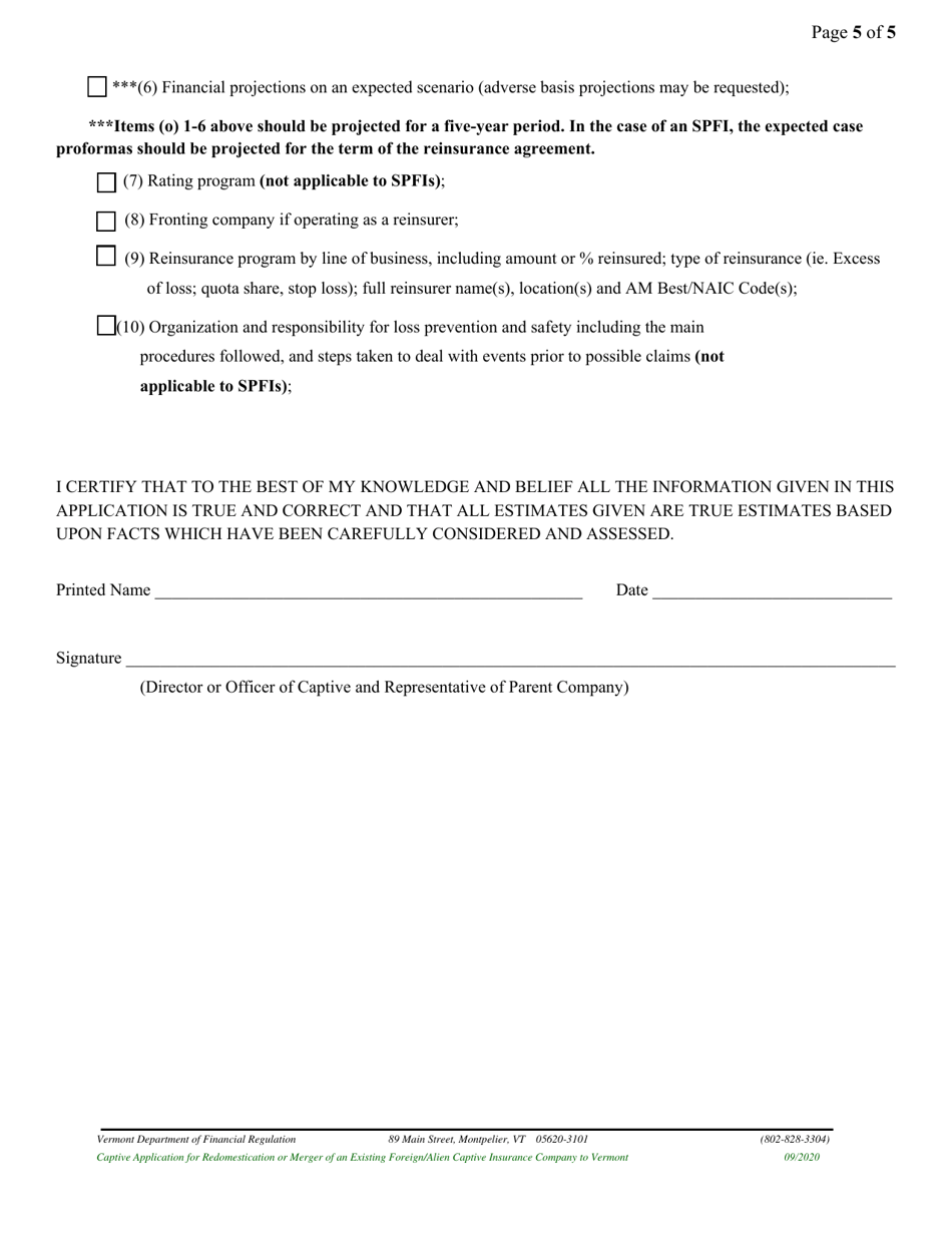 Captive Application for Redomestication or Merger of an Existing Foreign / Alien Captive Insurance Company to Vermont - Vermont, Page 9