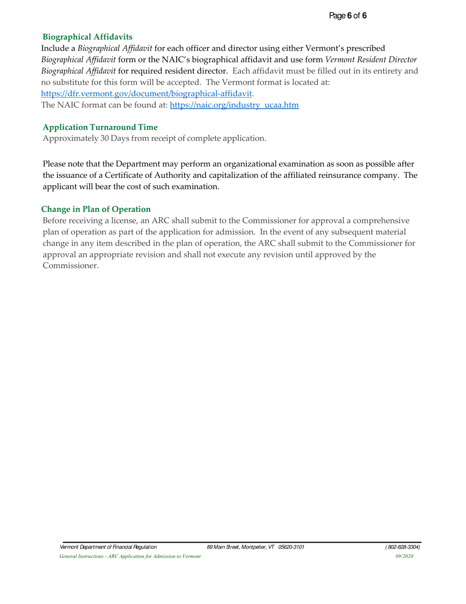 Affiliated Reinsurance Company Application for Admission to Vermont - Vermont, Page 6