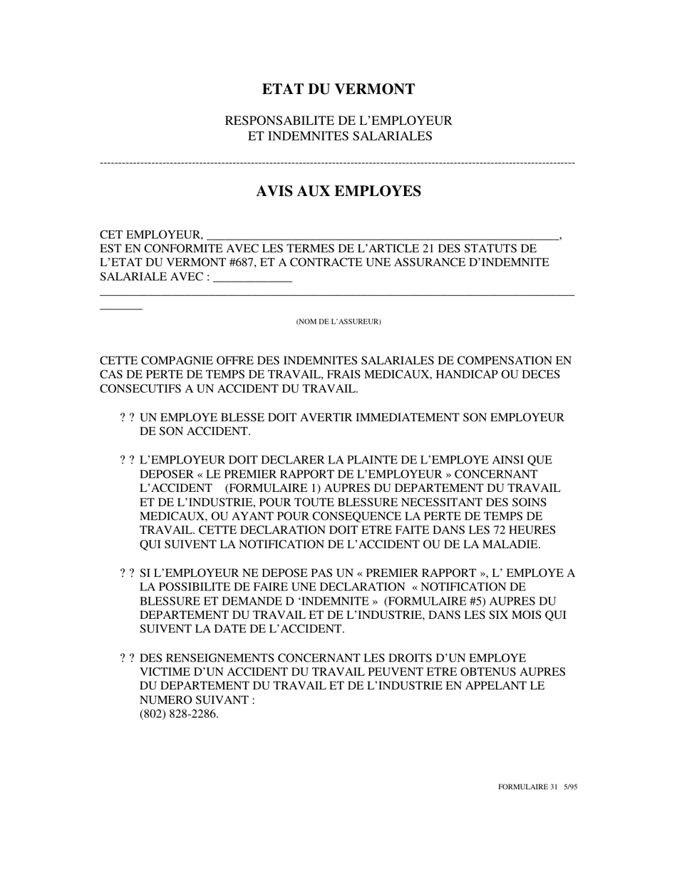 DOL Form 31 Notice to Employees - Employers Liability and Workers Compensation - Vermont (French), Page 1
