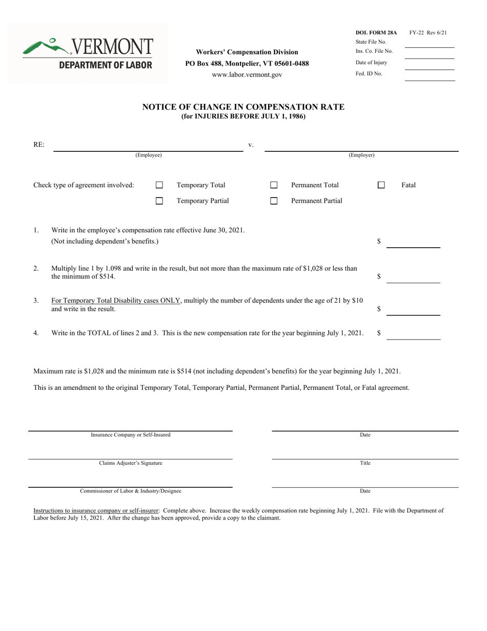 DOL Form 28A Notice of Change in Compensation Rate (For Injuries Before July 1, 1986) - Vermont, Page 1
