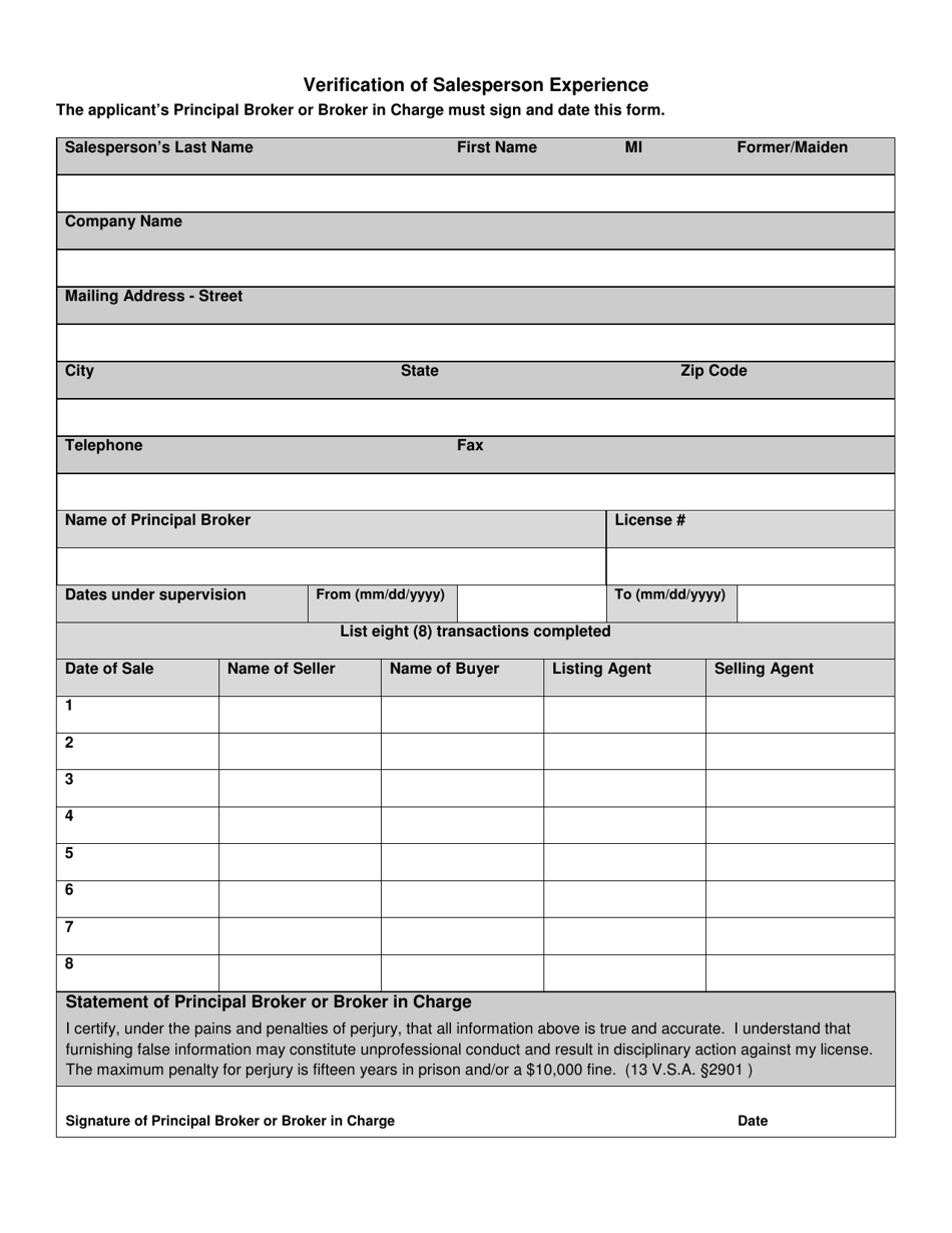 Vermont Verification of Salesperson Experience Download Printable PDF ...