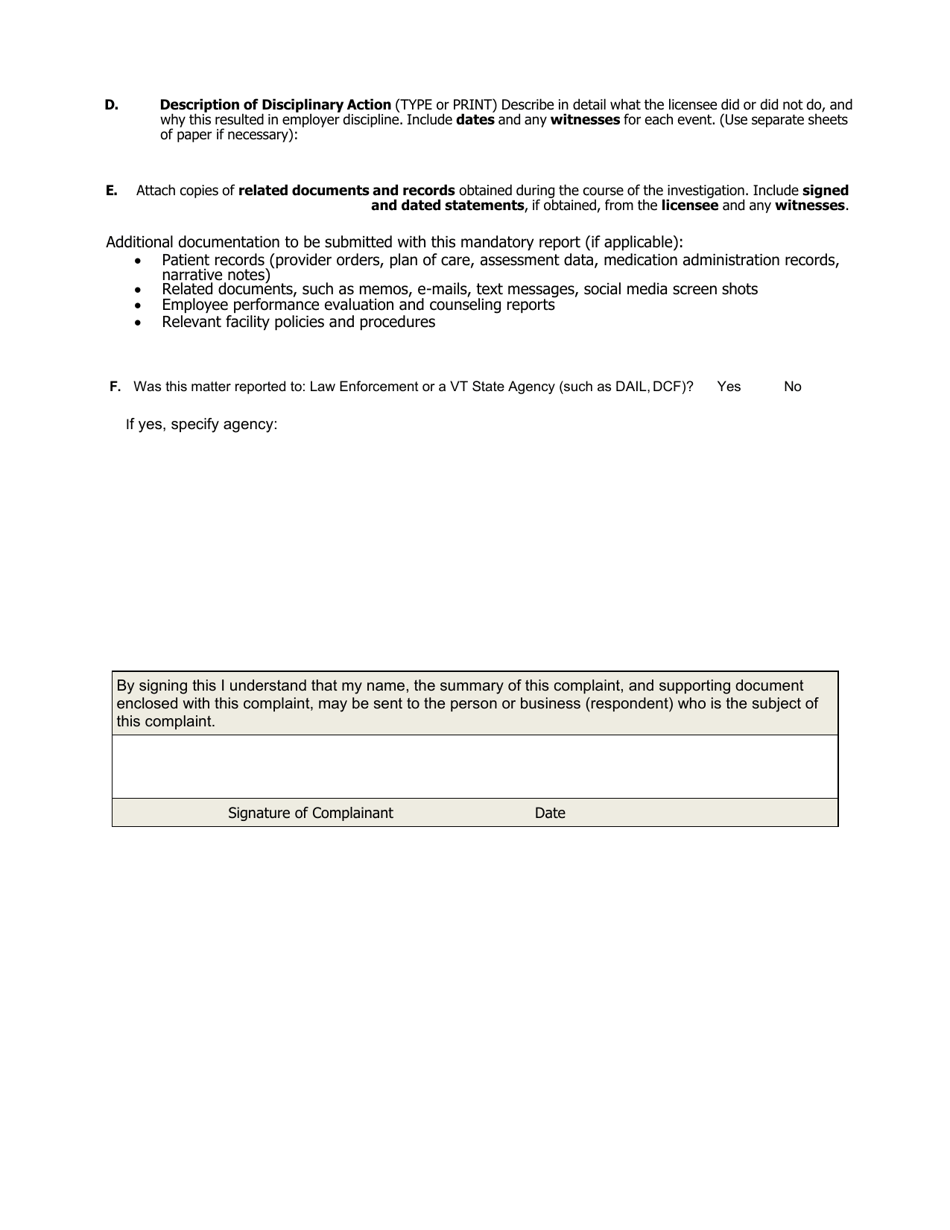 Mandatory Report of Disciplinary Action - Vermont, Page 3