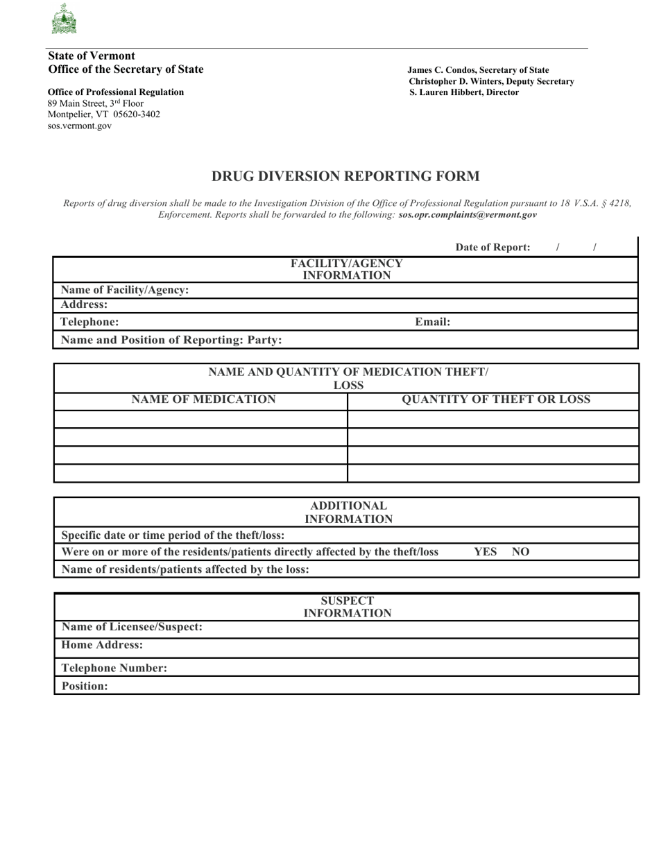 Drug Diversion Reporting Form - Vermont, Page 1