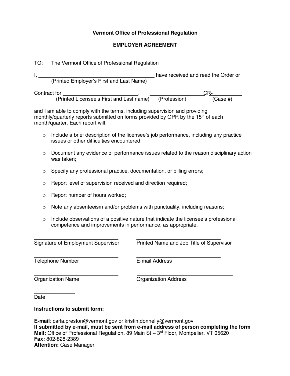 Employer Agreement - Vermont, Page 1