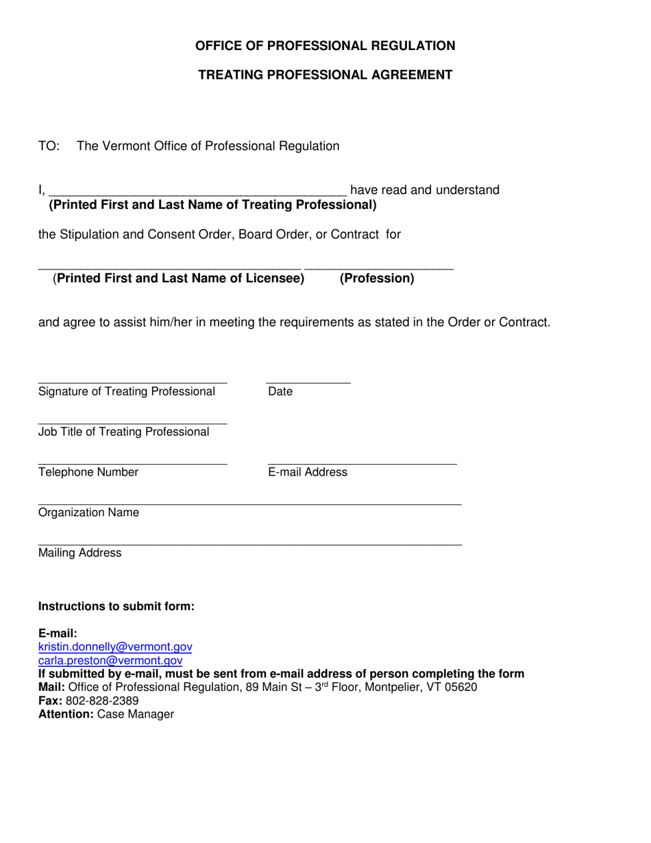 Treating Professional Agreement Form - Vermont, Page 1