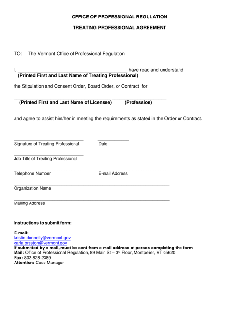 Treating Professional Agreement Form - Vermont Download Pdf