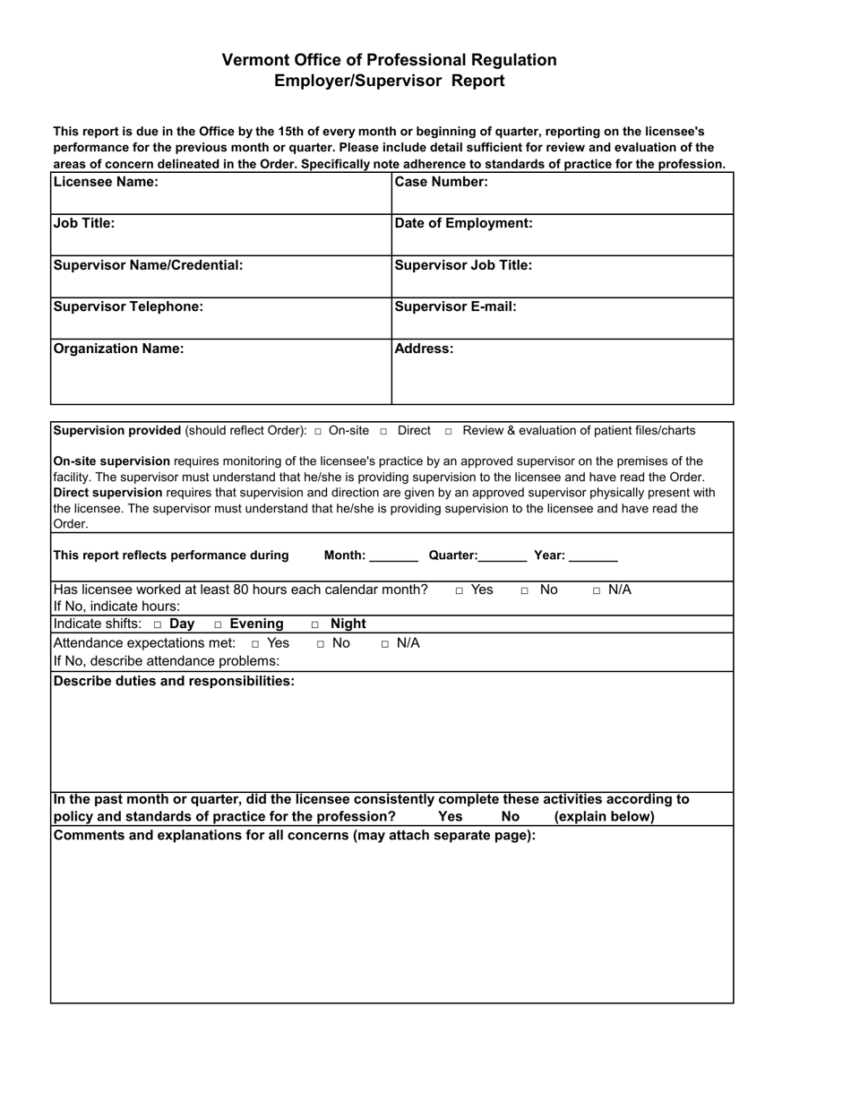 Employer / Supervisor Report - Vermont, Page 1