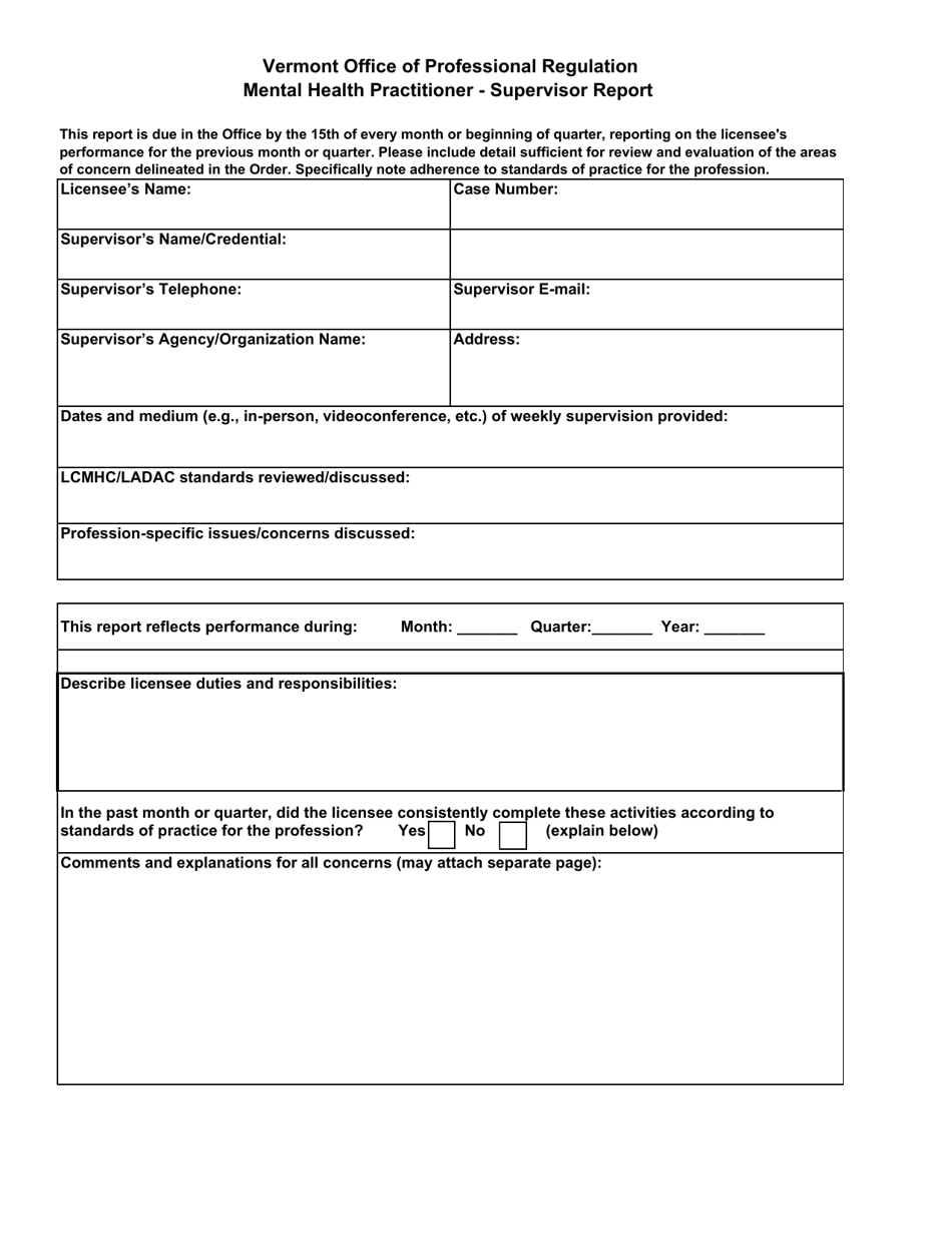 Supervisor Report - Mental Health Practitioner - Vermont, Page 1