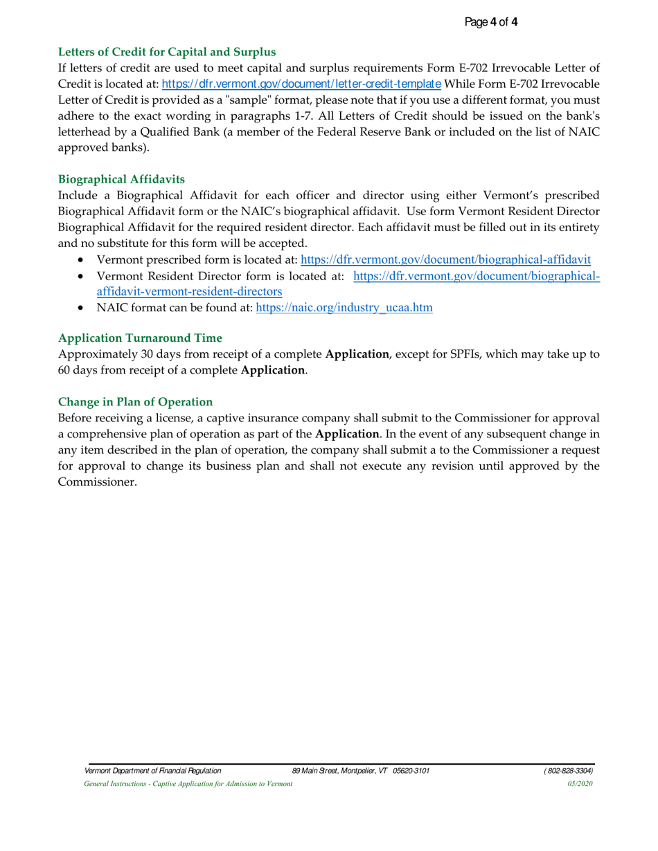 Form E701 Captive Application for Admission to Vermont - Vermont, Page 4