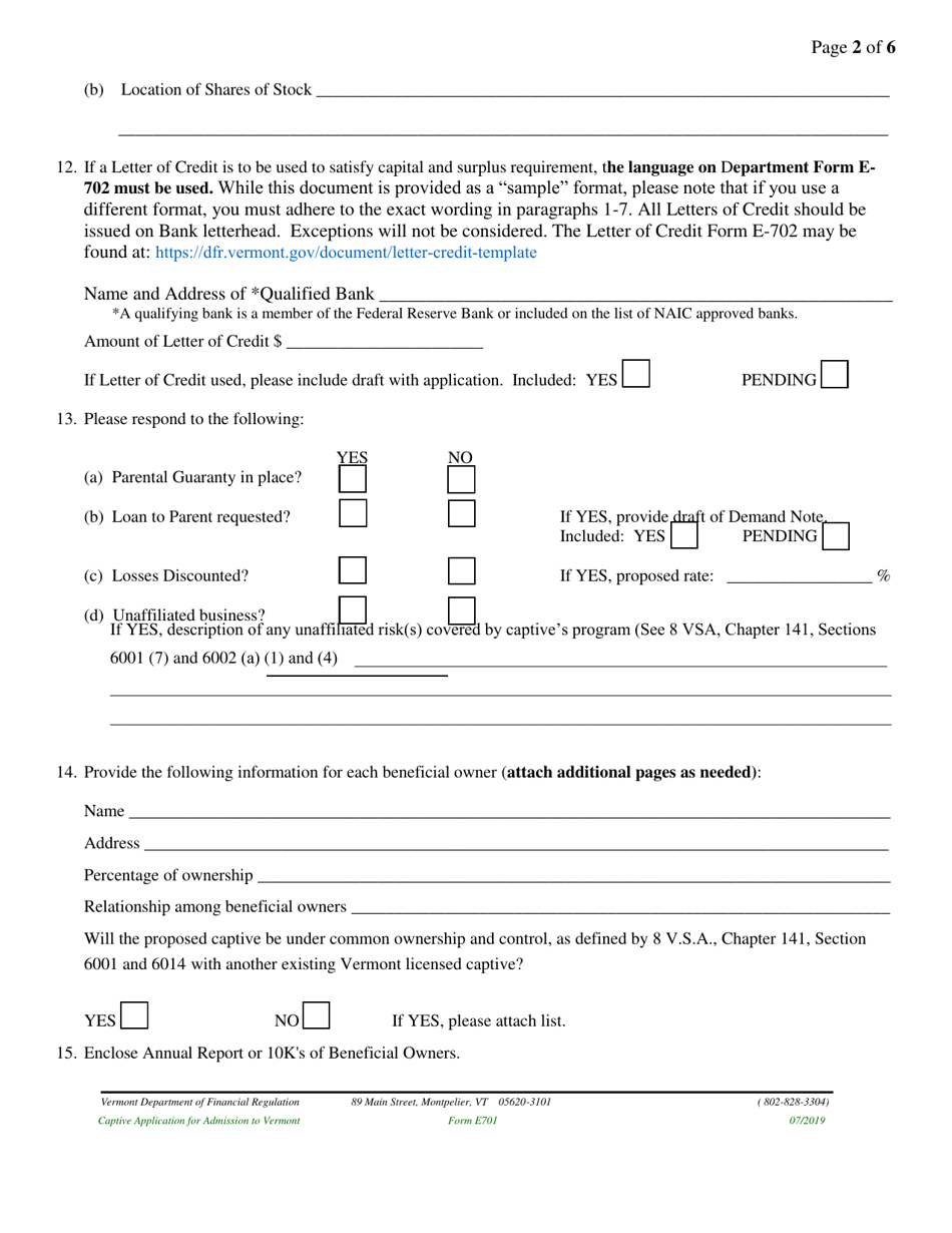 Form E701 Captive Application for Admission to Vermont - Vermont, Page 6